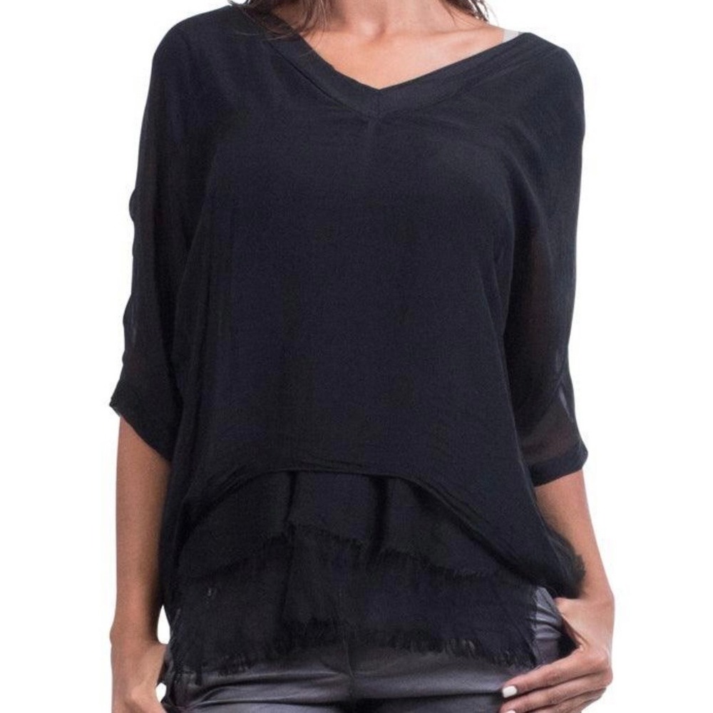 Gigi Moda Diana Top Black Silk Layered V-Neck Made in Italy Frayed Hem Blouse OS